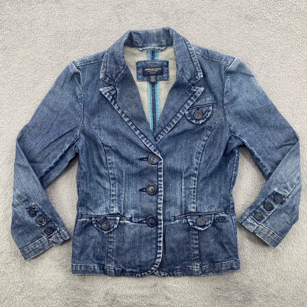 American Eagle Denim Jacket Women XS Blue Stretch Button Front Blazer